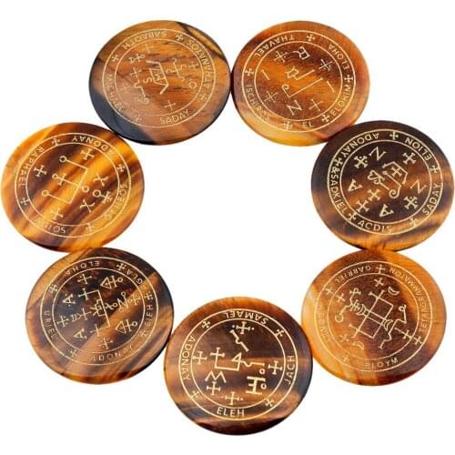 TUMBEELLUWA 1Lot (7Pc) Round Tigers Eye Stone Palm Stone Engraved Magic Archangel Symbol Chakra Healing Crystal Set