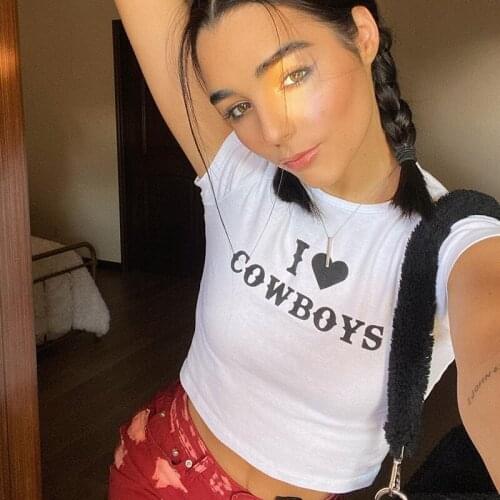 I love cowboys Letter Printed Streetwear Slim Crop Top 90s Vintage Cute Girls Summer Womens Y2K Casual Fun Chic Clothes T-Shirt