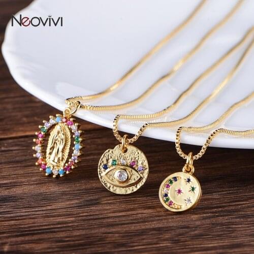 Neovivi Vintage Virgin Mary Turkish Eye Pendant Necklaces CZ Moon Star Choker Gold Round Necklace Long Chain Copper Jewelry Gift