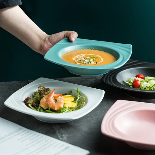 Japanese Art Ceramic Black Western Food Ramen Straw Hat Plate Modern Home Square Dessert Salad Plate Hotel Restaurant Tableware