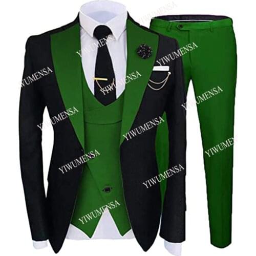 Green/Black Men Suits For Wedding Blazers Tuxedos Smoking/Business Formal Peaked Laple Jacket+Vest+Pants Groom Wear Party Dress