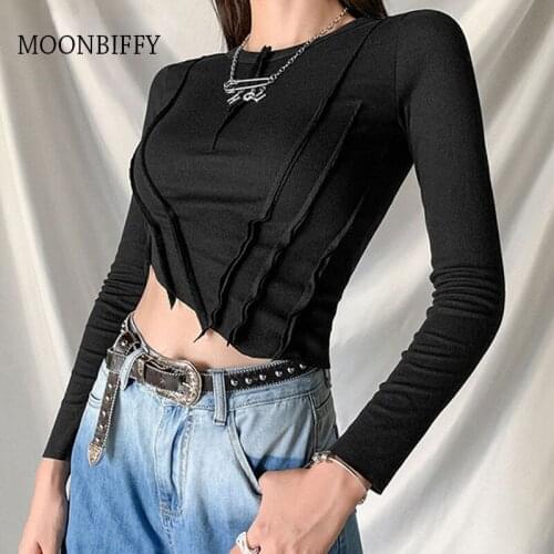 2021 Patchwork Short T-shirt Women Long Sleeve Asymmetrical Crop Top T Shirt Summer White Black Ribbed Harajuku Shirts