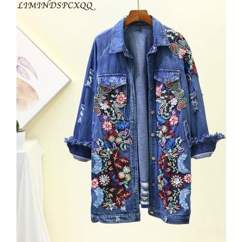 2021 Denim Jacket Women Flower Embroidered Single Buttons Long Coat Women Jeans Jackets Casual Slim Denim Coat Holes Windbreaker
