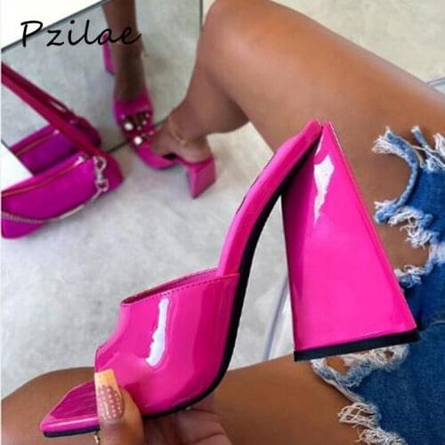 Pzilae New Super High Heel Slippers Female Shoes Slides Summer Rose Green Patent Leather Party Shoes Woman Sandals Size 35-42