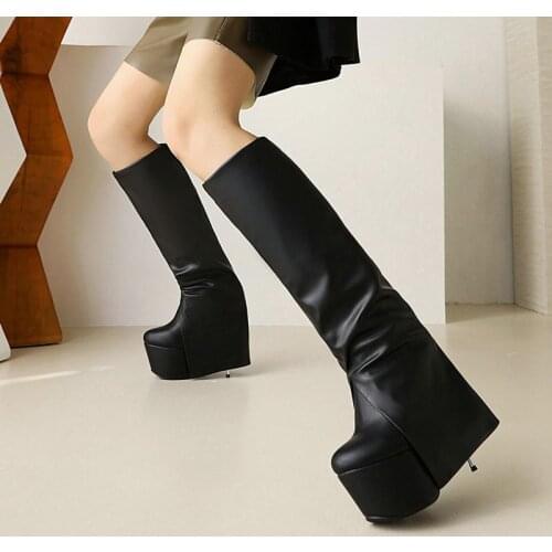 Lady Leather Personality Spring Autumn Knee High Boots Fashion Splicing Platform Boots Winter Warm Super High Heel Womens Shoes