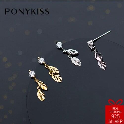 PONYKISS Trendy S925 Sterling Silver Chic Fashion Zircon Leaf Plant Stud Earrings Women Jewelry Accessory Birthday Party Gift