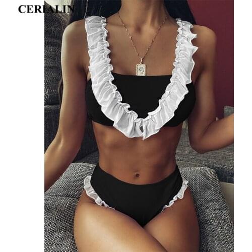 White Ruffled Solid Fashion Bikini Sexy Swimsuit Two Piece Swimwear Women Swimming Suit Female Bathing Suits Mid Waist Beachwear