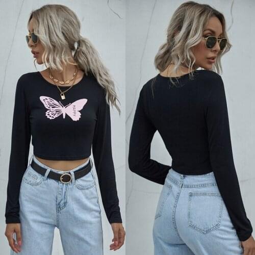 Womens Butterfly Print Top O Neck Exposed Navel Long Sleeve Top Sexy Short T-Shirt