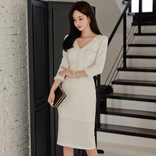 New arrival fashion women elegant pearl pencil dress korean style v-neck high waist temperament office lady slim white dress