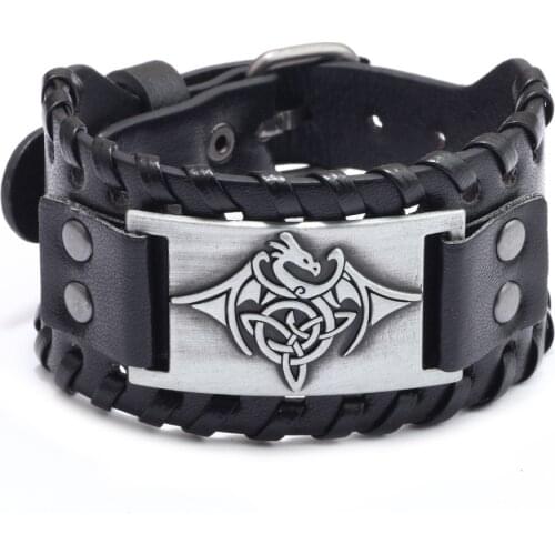 2021 Mens Style Alloy Totem Charm Braided Leather Bracelet Wide Wristband Wealth Prosperity Cuff Bangle Bracelet Jewelry