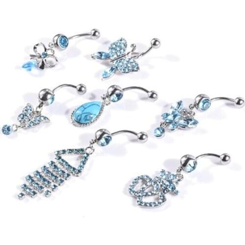 7pcs/set Sexy Navel Rings For Women Surgical Steel Cute Butterfly Crystal Navel Bars Belly Button Ring Piercing Body Jewelry