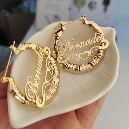 40mm-100mm Bamboo Earrings Customize Name Earring Custom Hoop Personality Ear ring Heart-shaped design pendientes con nombre