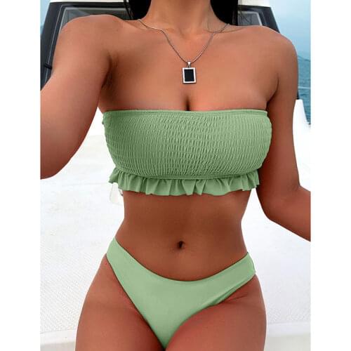 Ruffler Bikinis Push Up Beachwear Pleated Bandeau Swimsuit Sexy Swimwear Women Summer Bikini Set Low Waist Biquini Bathing Suits