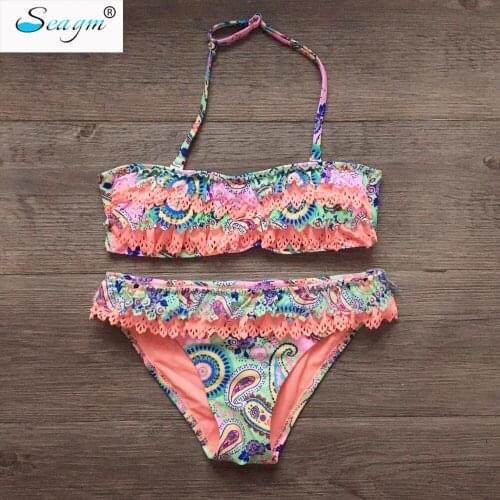 Hollow Out Children Girls Swimsuit Swimwear Falbala Kids Girls Two Pieces Bikini Print Bathing Suit For Girls Swimsuit