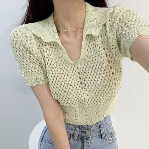 Korean Chic Temperament Age-Reducing Lapel Mesh Hollow Perspective Waist Slimming Short Sunscreen Sweater Top Women