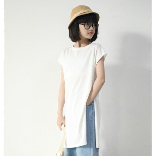 8 To 16 Years,2021 New Baby Children Summer Clothes Girls Long Shirt Kids Dresses Cotton White Slit Style Teen Tops,#6086