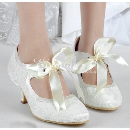Fashion Ivory Round Toe Pumps Satin Bridal Shoes Lace Wedding Dress Shoes Bowtie Evening Party Shoes