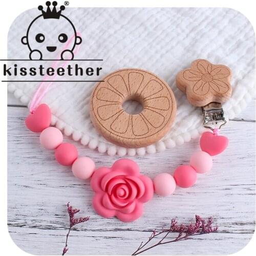 Kissteether Customizable Silicone Personalised Name Beech Flower Pacifier Clip Baby Silicone Crown Holder Baby Bath Gift