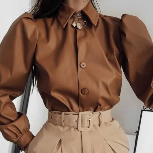 Autumn Leather Blouse Women Long Sleeve Puff Blouse Vintage Shirt Ladies 2019 Winter Casual Fashion Turn-down Collar
