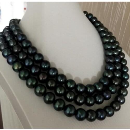Stunning 9-10 mm tahitian round black green pear necklace 50inch