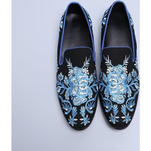Luxury Blue Embroidery Men Loafers Cow Suede Mens Casual Party Platform Shoes Slip on Creeping Runway Man Shoes Leather Genuine