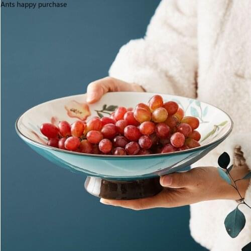 Modern Pastoral Tall Fruit Plate Flower Pattern Ceramic Candy Snack Plate Desktop Decoration Round Fruit Plate Kitchen Utensils
