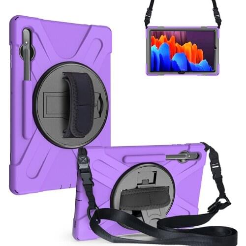 360 Degree Rotation Shockproof Cover with Shoulder Strap for Samsung Galaxy Tab S7 Plus 12.4 T970/T975 Silicone Case+Pen