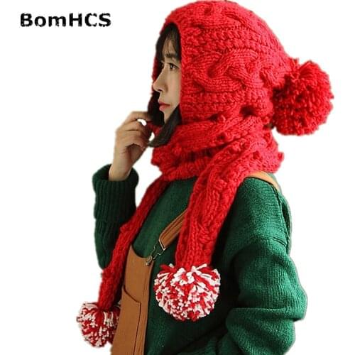 BomHCS 17 COLORS Beautiful Womens Beanie with Scarf Cute Big Pompoms Knitted Hat Caps Neckerchief 100% Handmade