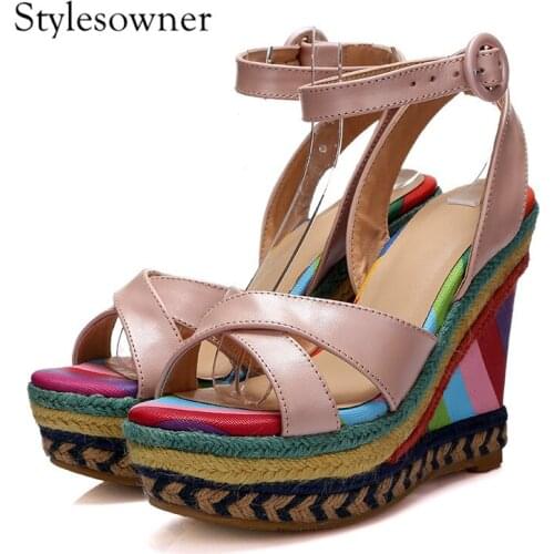 Stylesowner Elegant Design Top Quality Hollow-out Concise Woman Sandals Wedge Thick Bottom Colorful Mixed Colors Wedge Sandals