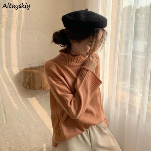 Sweaters Women Warm Korean Style Students Comfortable All-match Preppy Sweet Loose Solid Turtleneck Female Pullovers Winter Ins