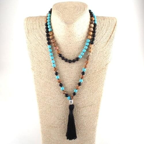 RH Fashion Yoga Jewelry 8mm 108pc Beaded Semi Precious Stones Long Knotted Buddha Charm Mala Necklace For Women Lariat Necklaces