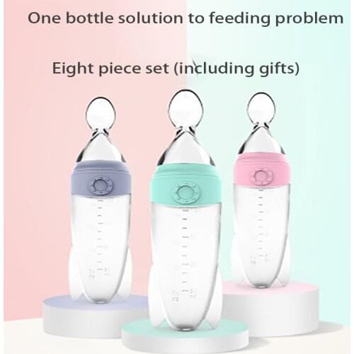 2020 New style rice paste spoon milk bottle silica gel feeder extrusion auxiliary food spoon, Baby auxiliary food feeding spoon