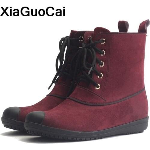 2021 Women Ankle Boots Spring Autumn Female Martin Boots Lace Up Flock Waterproof Rainboots High Top Ladies Shoes Nubuck Leather