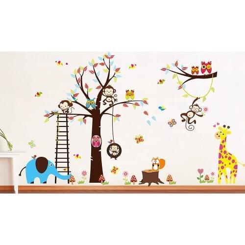 Large Size Animal Wall Stickers for Kids Room Decorations Monkey Owl Zoo Cartoon Decals Wall Art Diy Children Sticker