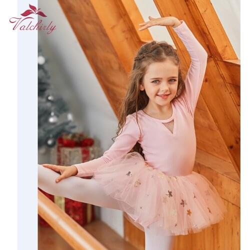 Kids Girls Long Sleeve Ballet Dance Leotard Dress TuTu Skirt for Performance Dancewear Clothes with Sequins Decoration Tulle