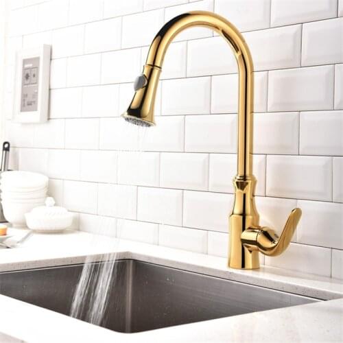Kitchen Sink Faucets Brass Pull Out Kitchen Sink Mixer Tap Single Handle Hot and Cold Kitchen Crane Deck Mounted Golden Faucet