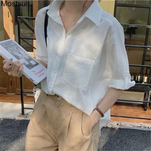 Summer Solid Loose Shirt Short Sleeve Turn-down Collar Pocket Tops Korean Casual Fashion Stylish Female Blusas Mujer 2021