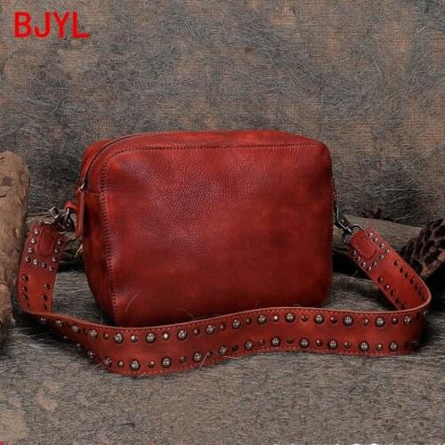 New casual retro leather small shoulder bag women bag niche female rivet genuine leather messenger bag handmade crossbody bags