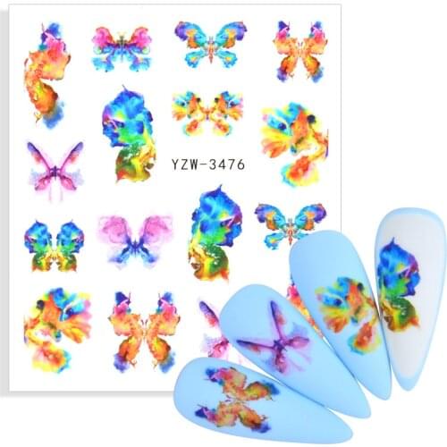 2021 Newest Watercolor Butterflies Sliders Blue Black Nail Decal Sticker Summer Nail Art Decoration Water Tattoo Manicure