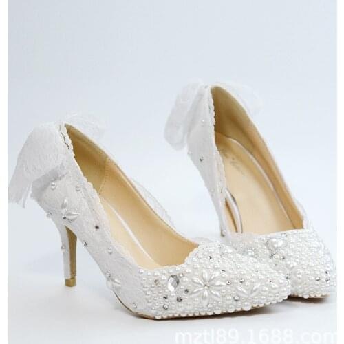 Spring new lace pearl rhinestone stiletto high heel bridal wedding shoes bow knot banquet dress large size womens single shoes