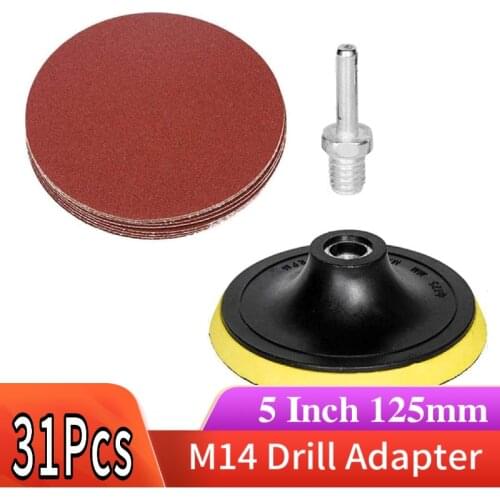 5 Inch 125mm Hook Loop Backing Pad M14 Drill Adapter With 30 Pcs 60-2000 Grit Sandpaper Sanding Disc for Random Orbital Sander