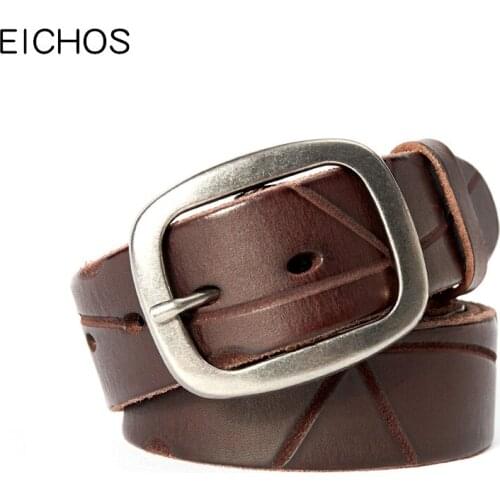 EICHOS New Genuine Leather Men Belt Vintage Layer Yellow Cowhide Washed Man Jeans Strap Belts Wide Pin Duckle Belt For Men