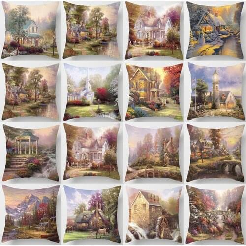 Retro Rural Color Cities Pillowcase 45*45 Creative Cushion Cover for Sofa Home Car Decor Colorful Cartoon House Pillow Case