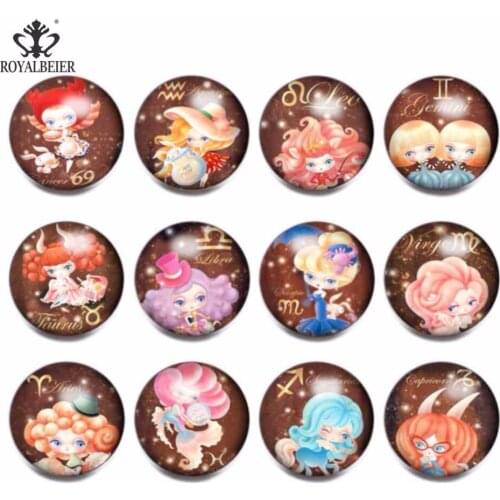 RoyalBeier 12pcs/lot Cute Girl Zodiac Theme Glass Charms 18mm Snap Button Jewelry For 20mm Snaps Bracelet Snap Jewelry KZ0807