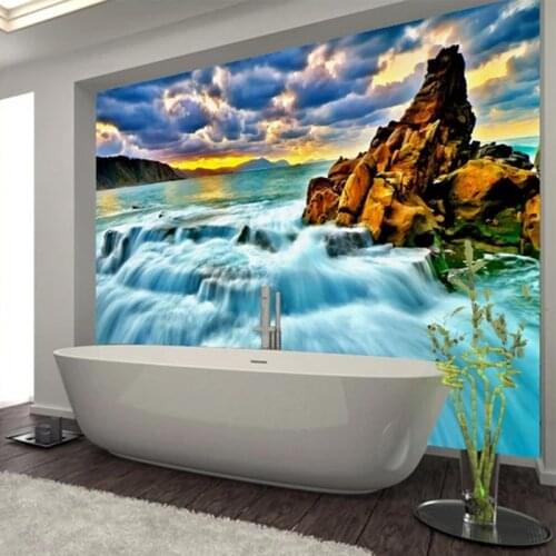 Custom Self Adhesive Mural Wallpaper 3D Seaside Rock Sea Wave Landscape Wall Sticker Bathroom Kitchen Waterproof PVC Wall Papers