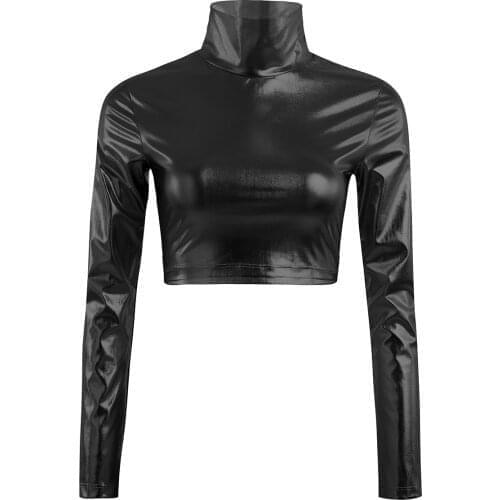 Sexy Women Clubwear Costumes Shiny Long Sleeve Mock Neck Turtleneck Crop Top Cosplay Costume Evening Dancing Pole Party Clothing