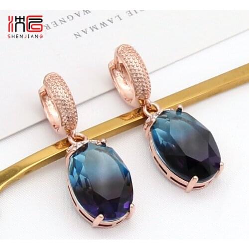SHENJIANG Fashion Egg Shape Oval Imitation Tourmaline Dangle Earrings For Women Wedding Classic Elegant 585 Rose Gold Jewelry