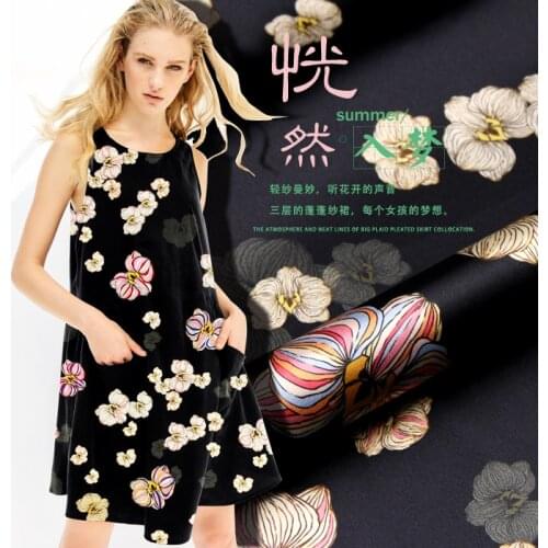 PRINTED SILK STRETCH SATIN 118cm width 19momme/Pure Mulberry Silk Fabric For Black Dresses with flower Sewing Party dress