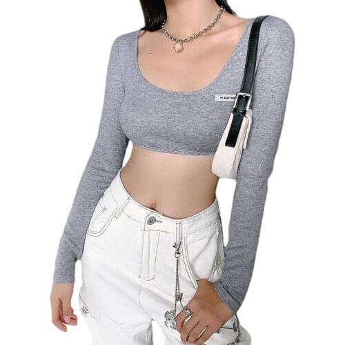 Sport Casual T-shirts Grey Long Sleeve Bodycon Low O Neck Blue Crop Tops Women Autumn Winter Clothing