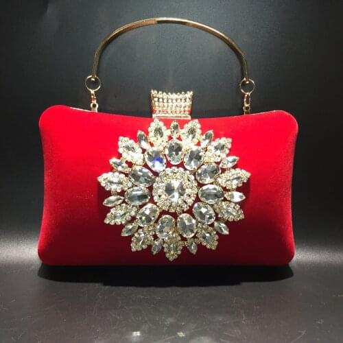 Rhinestones Velvet Handbag Women Luxury Small Squre Clutch Chain Red Color Evening Bags For Wedding Party Banquet Bridal 2021